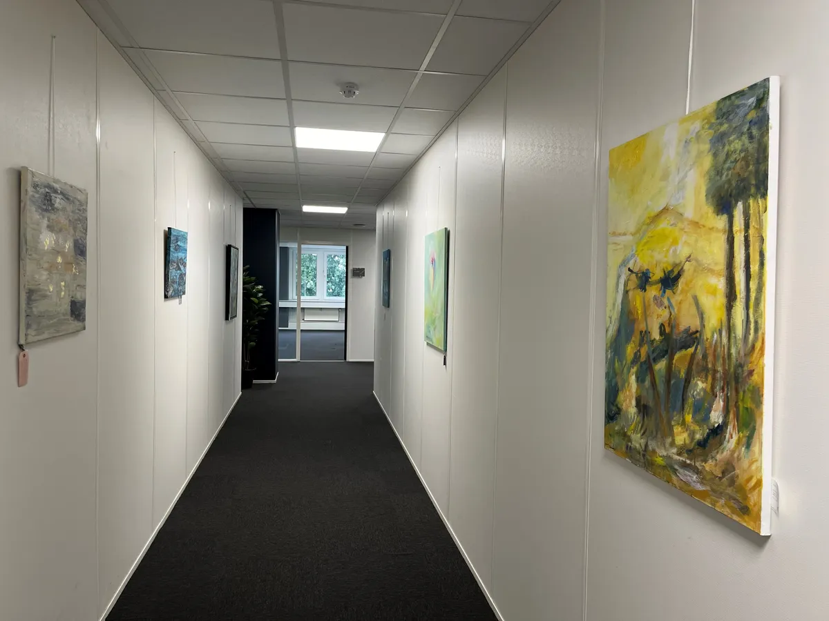 Moderne korridor med lysegul loft og hvide vægge med kunstværker. Sort gulv og lyserød dør i baggrunden