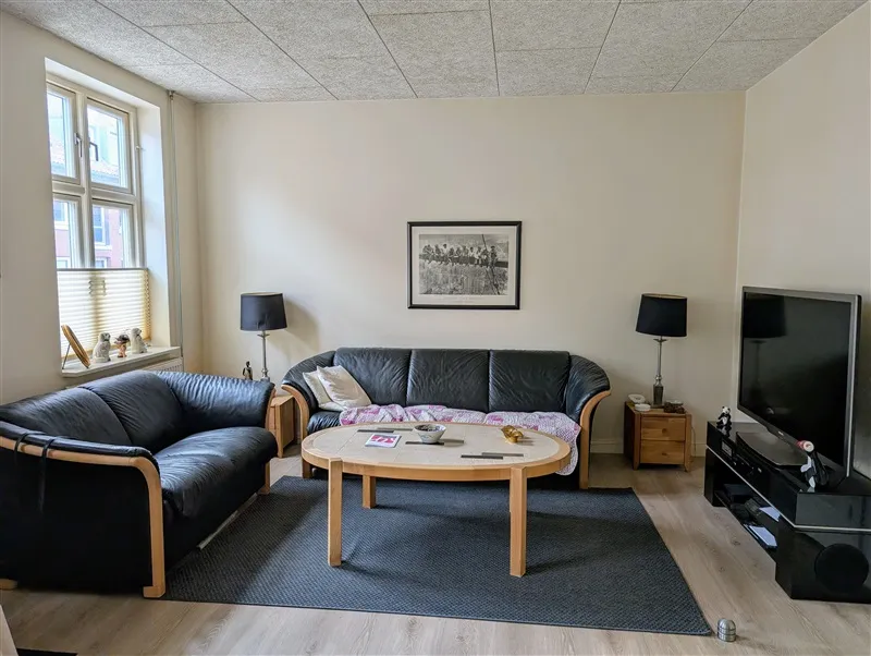 På dette foto ser du et lyse stue med to sort lædersofaer, en træbord, en tv og to lamper.