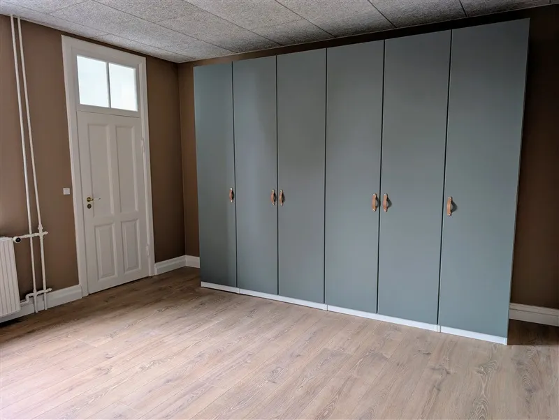 Moderne indretning med hvid dør, radiator og grønne skabe med messinghåndtag i et lysebrunt rum med trægulv