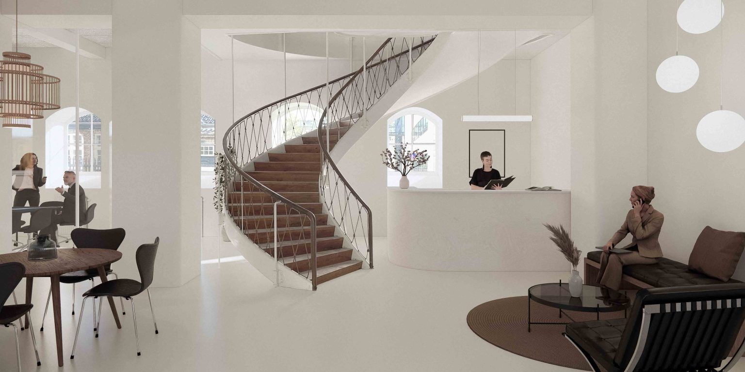 Et moderne kontor med hvide vægge og lyse lofter, et slankt trappeværk, og flere bordsæt og stole rundt omkring