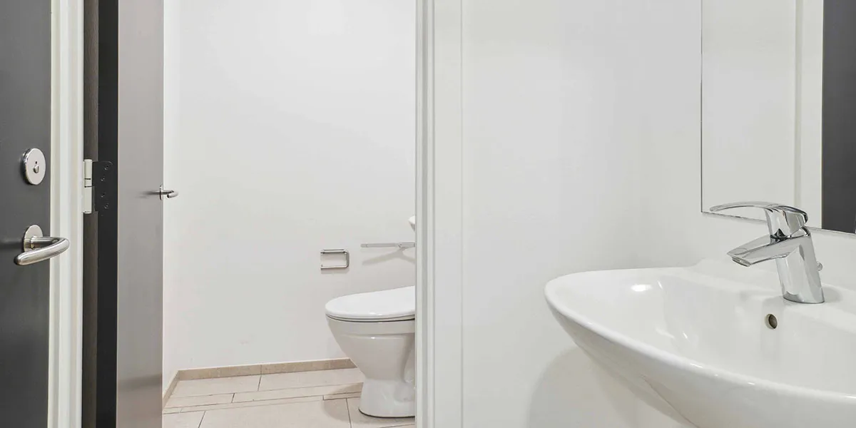 En moderne toiletrum med hvidt toilet, toiletpapirholder og spejl samt hvid vask med vandhane