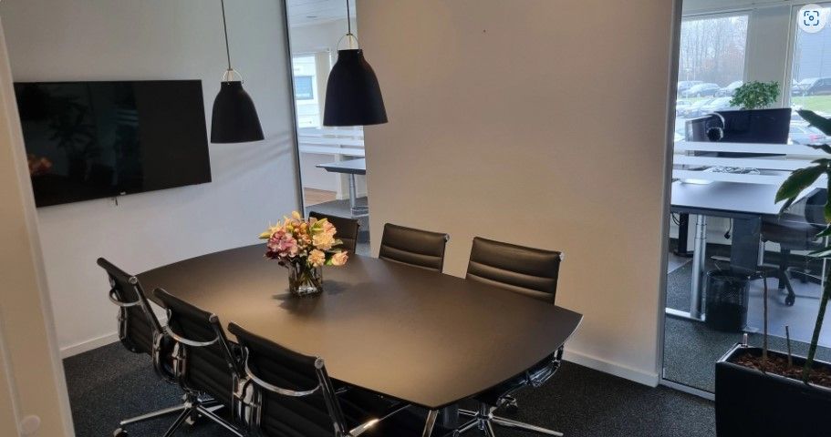 Kontorlokale med moderne møbler og tv. Store glasruder og indretning med lyse vægge. Blomster i vase og moderne interiør.