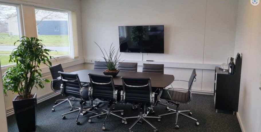 Kontorlokale med mødebord og stole samt en plante i en sort gryde og en tv-skærm på væggen