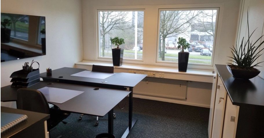 Kontor med skriveborde, stole, plante og tv-skærm samt udsigt til træer og parkeringsplads med biler