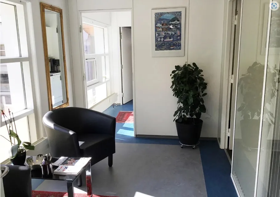 Kontorlokale med to læderstole, bord, plante, spejl og møbler i det næste lokale