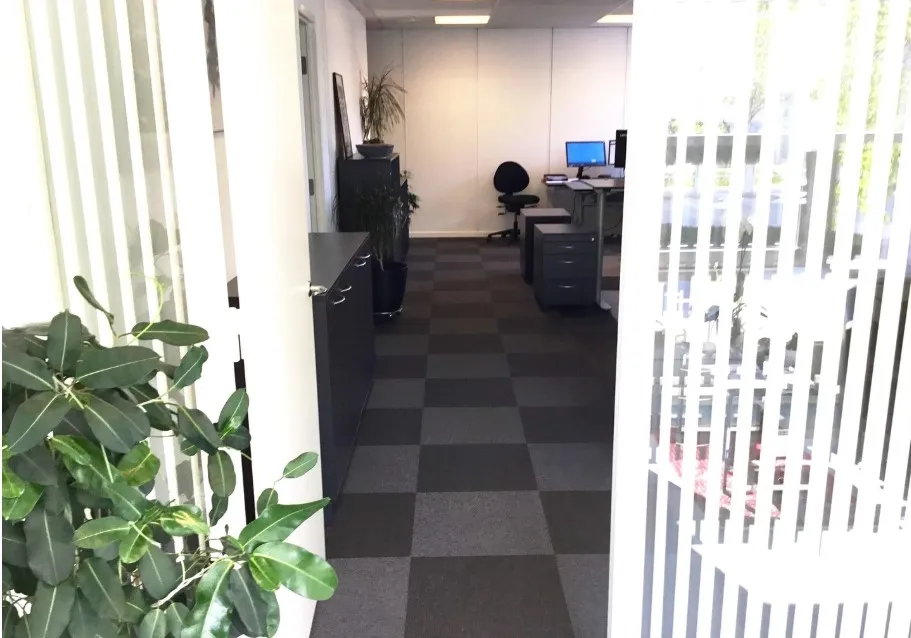 Kontorlokale med skrivebord, computer, stol og plante. Det er lyst og rummeligt med møbler og tekstiler i sort og grå.