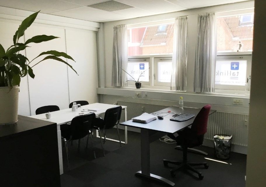 Kontor med to hvide borde, fire stolpe og en grøn plante i lysegrå potte