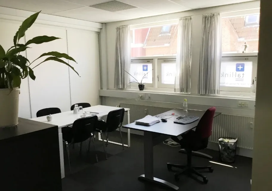 Kontor med to hvide borde, fire stolpe og en grøn plante i lysegrå potte