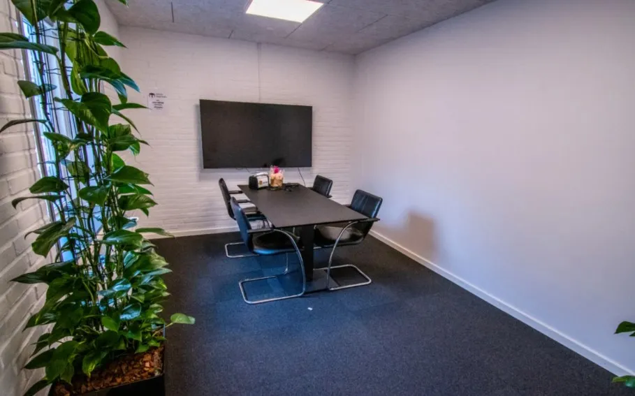 Kontorfællesskab med mødelokale og tv til konferencer. Der er møbler og en plante i lokationen.