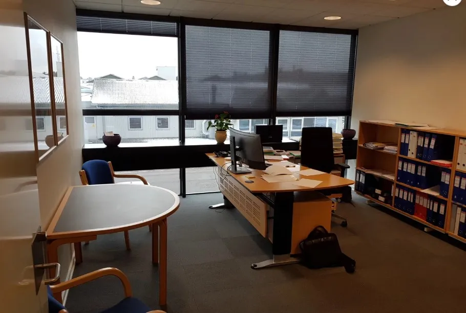 Kontor med vinduer, skrivebord, computer og en vase med blomster, stol og hylde med papirer og filer.