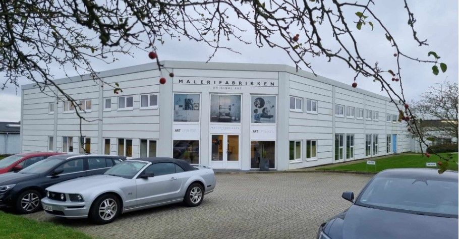 Flere biler parkeret foran Malerifabrikken i Vejle, bl.a. en sort og en hvid Mustang, og to sorte biler