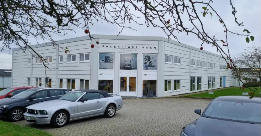 Flere biler parkeret foran Malerifabrikken i Vejle, bl.a. en sort og en hvid Mustang, og to sorte biler