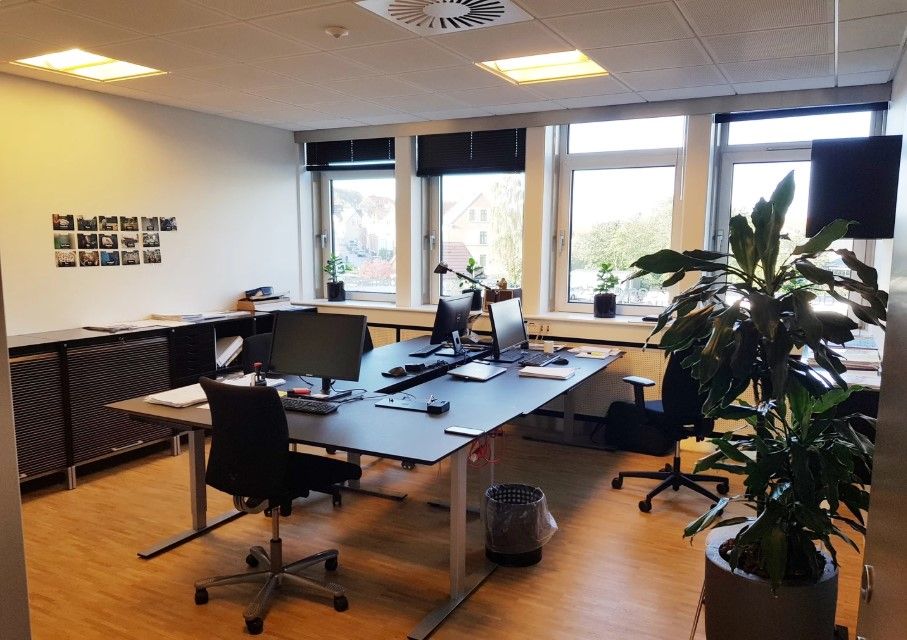 Kontorlokale med moderne møbler og grønne planter ved vinduet. Trægulv og hvide vægge giver et fredfyldt arbejdsmiljø.