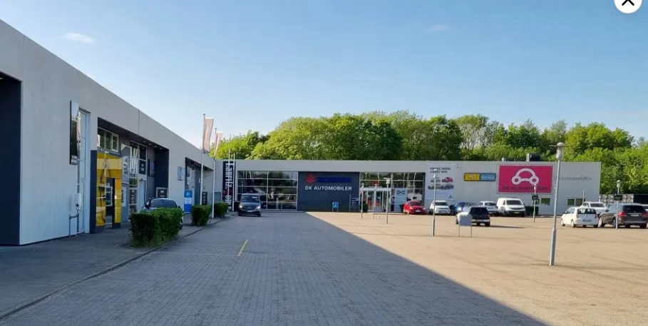 En række biler parkeret på en forretningsområdes parkeringsplads, med grønne buske og træer bagved