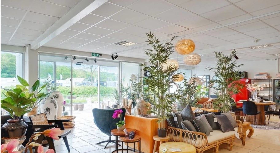 Et forretningslokale med mange plantager og sofaer, stole og vægge med lysekroner og bord med blomster