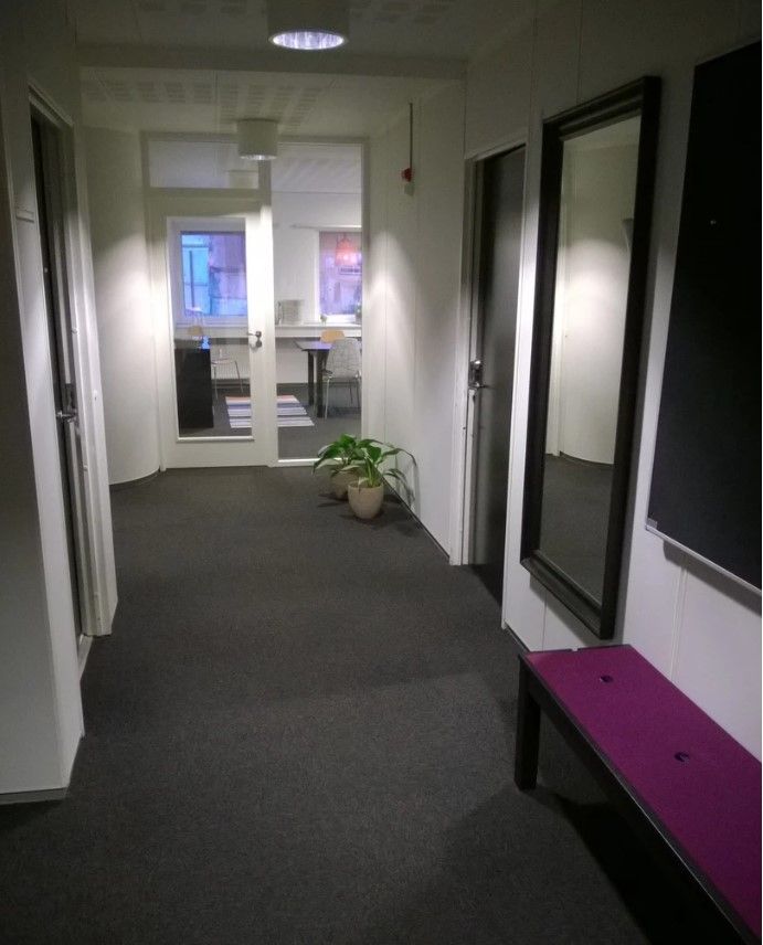 Kontorgang med to døre og plantepotter på gulvet og en spejl på væggen