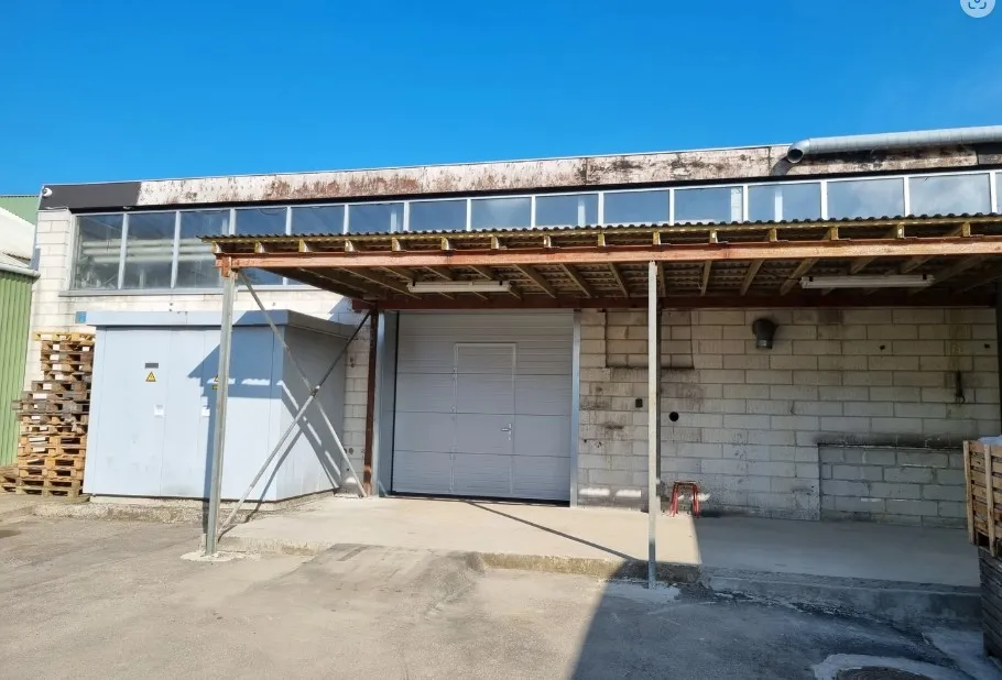 Rummeligt erhvervslokale med garage og åbent værksted. To hvide garageporte og skrånende tag.