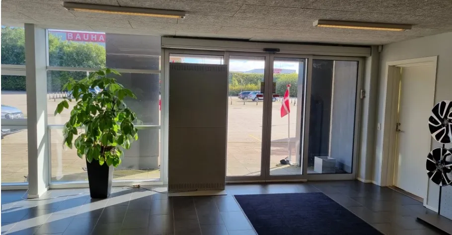 Glasdøre med skilte med ordet Bauha og flag i lobbyen med plante og gulvtæppe