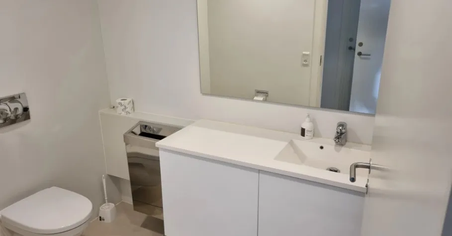 Moderne, rent og veludstyret badeværelse med hvid toilet, ren vask, spejl, håndsæbe og toiletpapir.