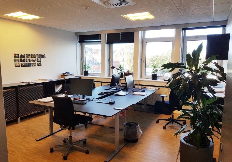 Kontor med skrivebord, computere og plante ved vinduet. Fotovisning med skrivebord, computer, muse, tastatur, og plante i