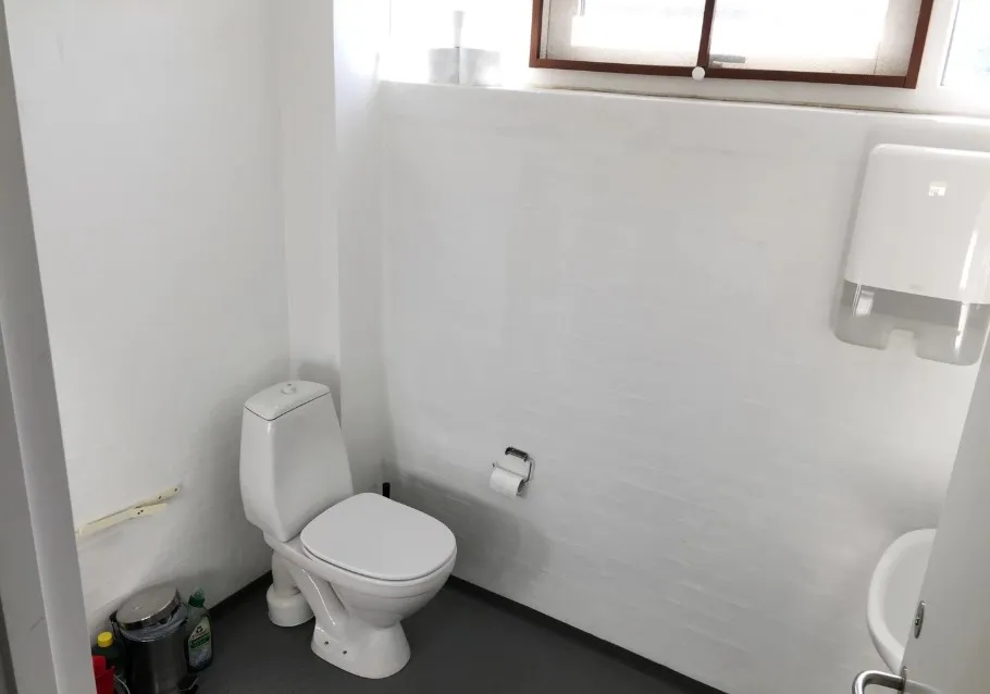 En toiletrum med en hvid toilet, håndsæbe dispenser, en toiletpapirholder og en hvid vandhaner