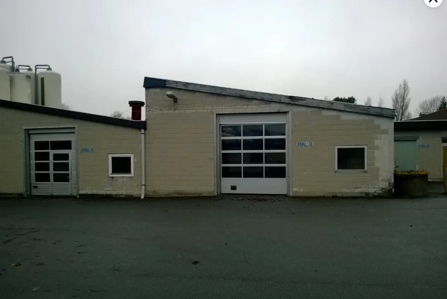 Lejlighed med stor garagedør og to små ruder. En plante i en stor gryde står på hjørnet af bygningen.