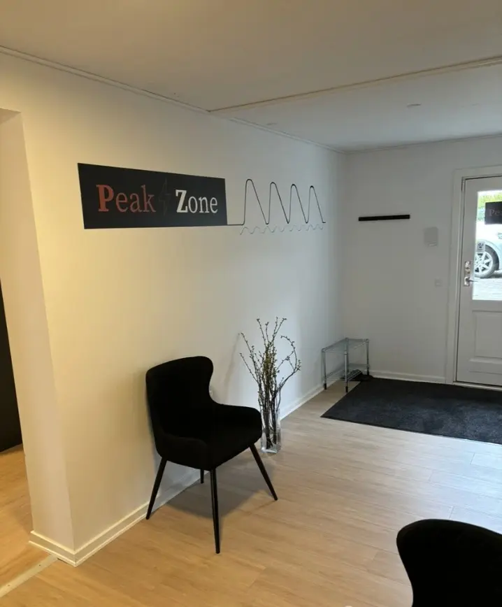 Moderne kælderlokale med hvid væg, møbleret med stol og vase. Teksten "Peak Zone" og en vågformet linje er malet på væggen.