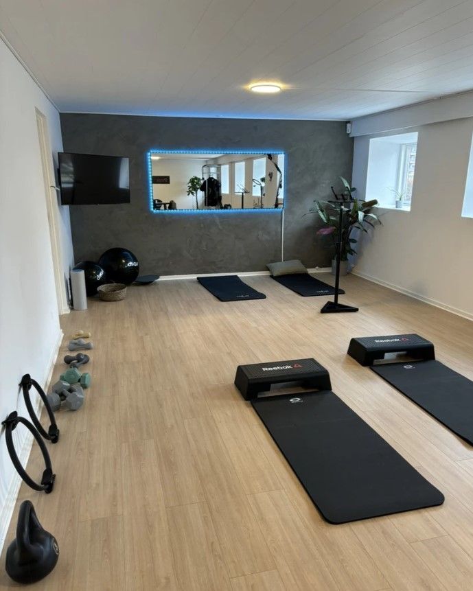 Fitnessrum med Reebok udstyr, yogamåtter og fitnessbolde. En tv-skærm og plante i rummet