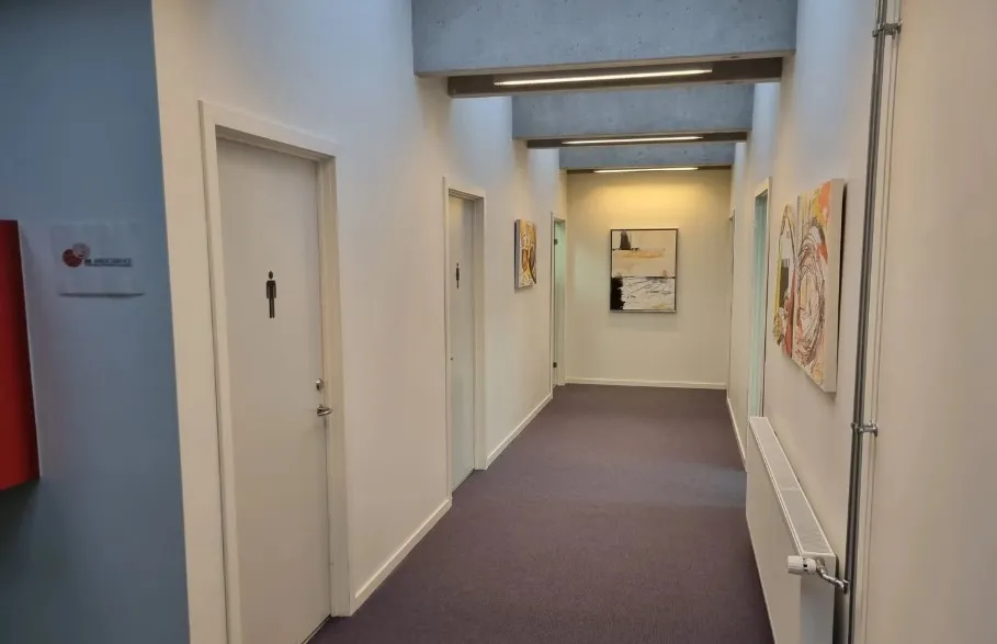 Kontorgang med hvide vægge, to døre, tre malerier og gulvtæppe samt et radiator til højre