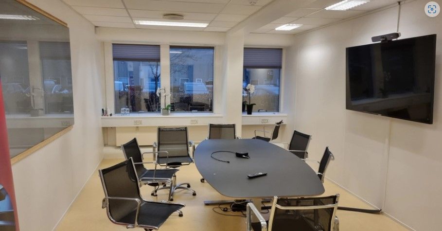 Kontor med ovalt mødebord og stole, to blomster og et tv på væggen