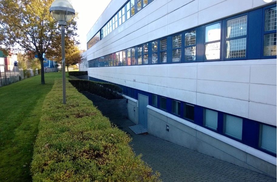 Kontorbygning med lyseblå rammer og mange vinduer, buske og en lampestolpe i forgrunden