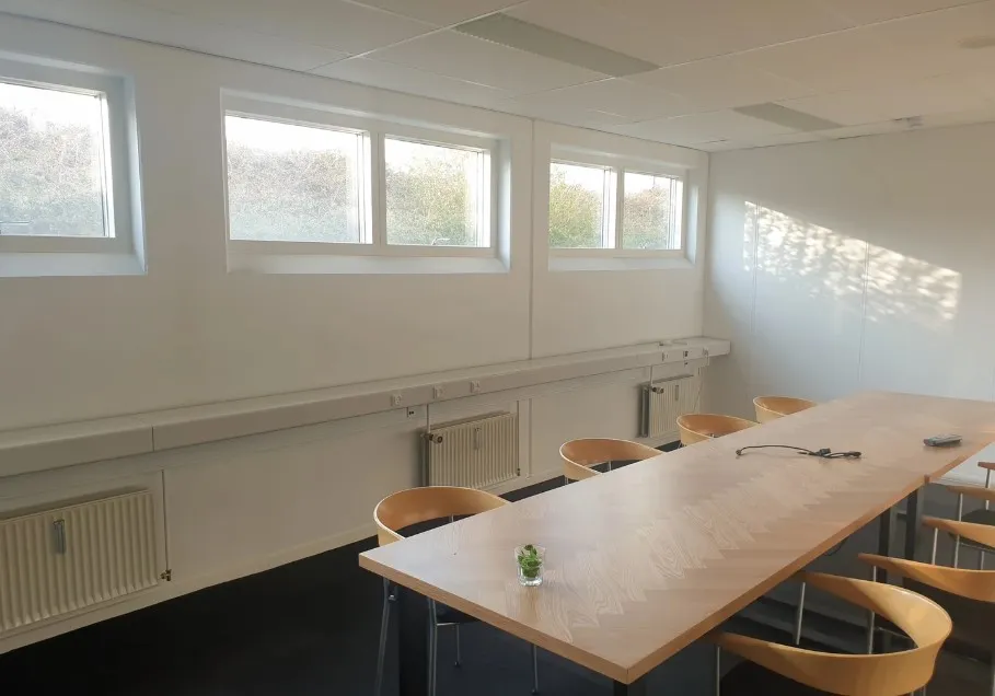 En stor kontorbord, forsynet med en plante i en vase, omgivet af lysestole og hvide vægge med store vinduer