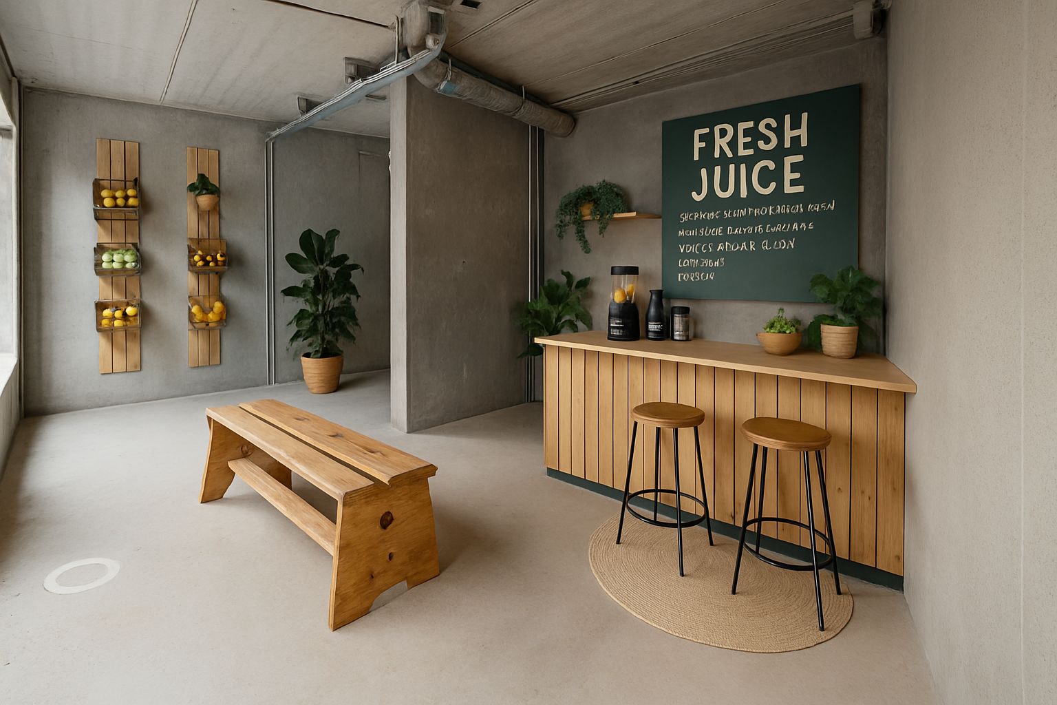 En bar med juice fra friske frugter og grøntsager med en naturlig udstråling og træstolpe og bænk