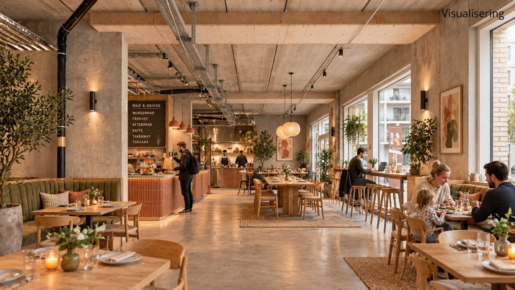 Folk sidder og spiser på en hyggelig restaurant med moderne interiør og møbler, to træborde og stole, søjler og en lysekron, to store vinduer og plante i potte