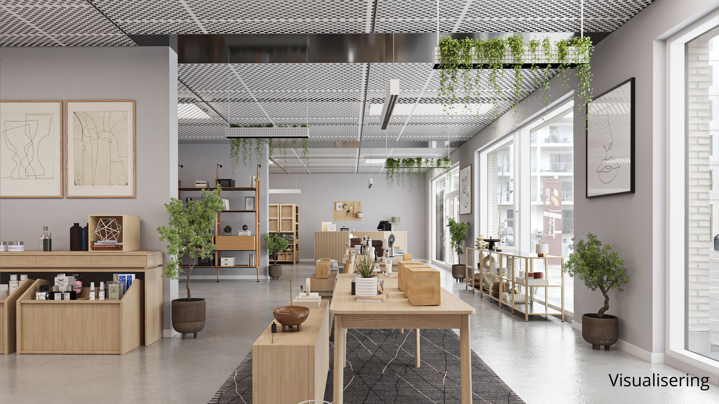 Her ses et moderne interiør med lyse vægge og træmøbler, og der er plante i potter samt to store billeder på væggen