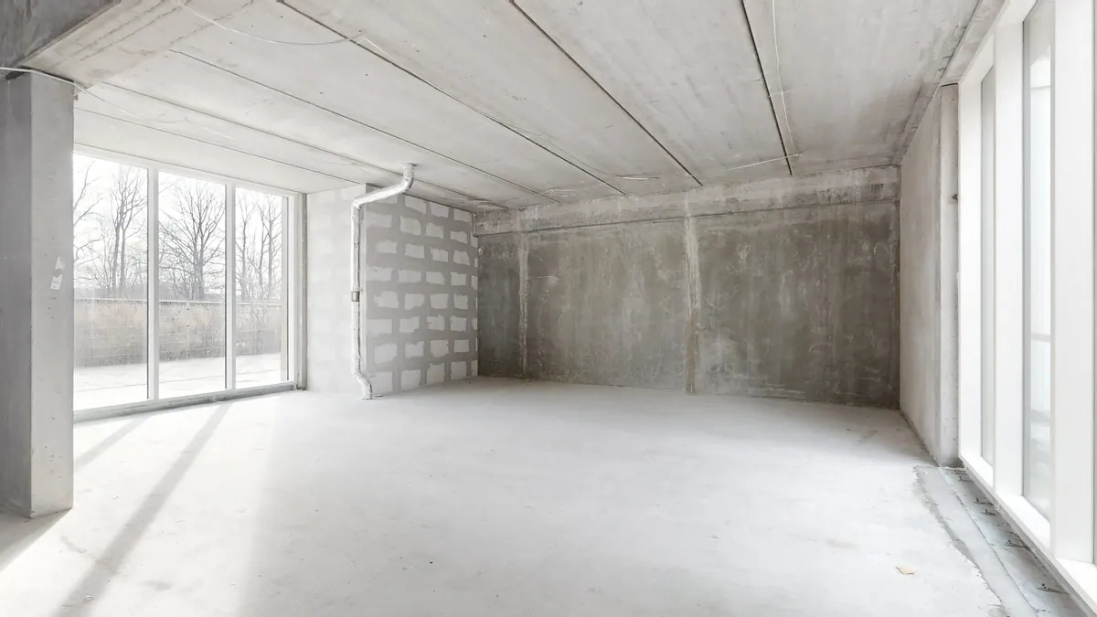 Et rum med hvide vægge og cementgulv og en stor glasdør med udsigt til træer og vej.