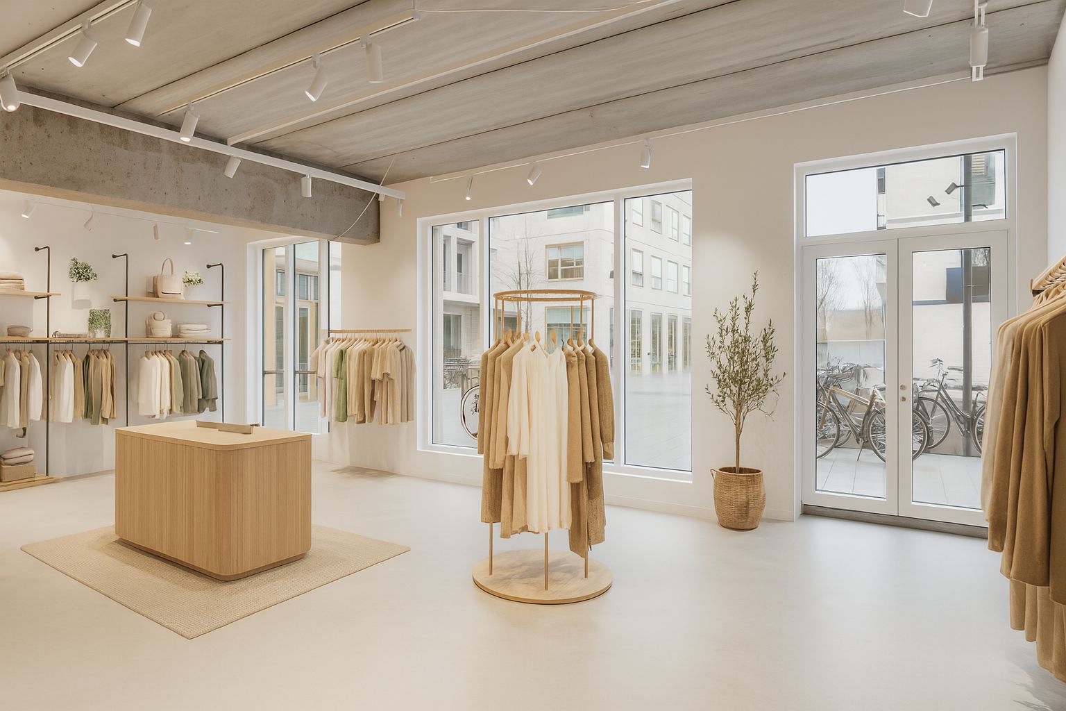 En luksuriøs klædeskole med store vinduer og plantepot med en lille træhylde og en stor trædisk med tøj på.