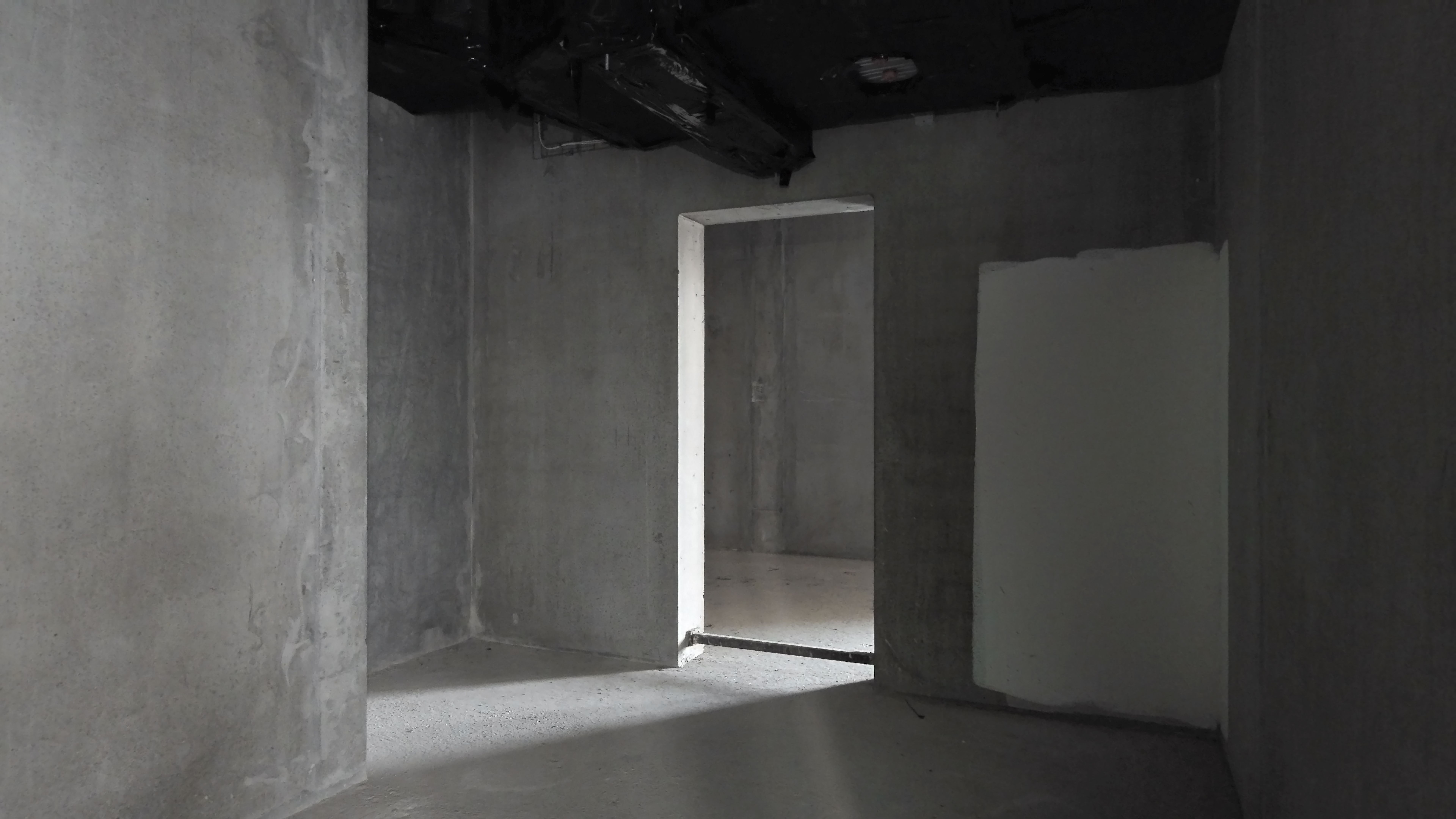 Et mørkt rum med cementvægge og gulv samt et enkelt åbent dørkar og hvidt maleri på højre side