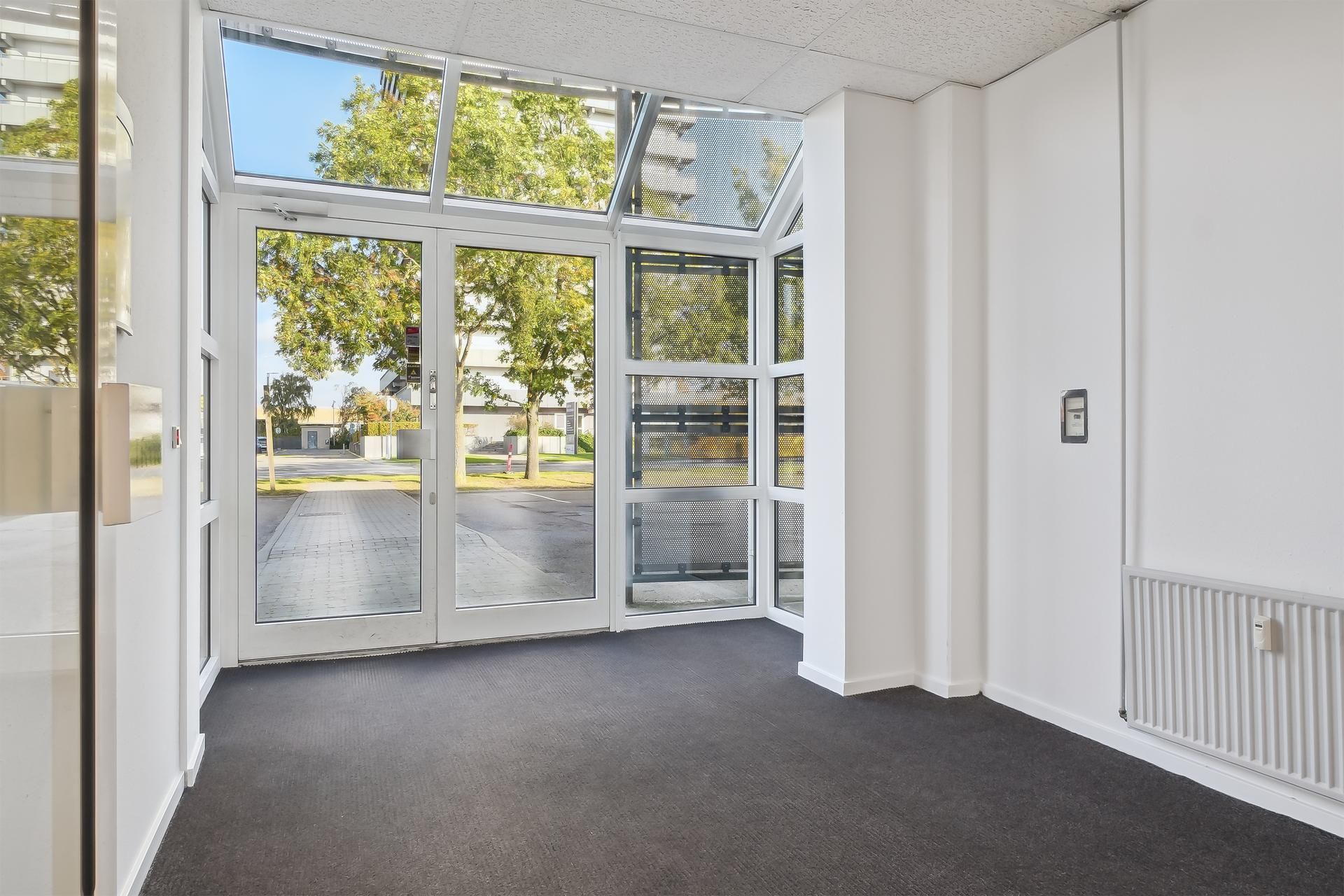 Indgangsdør til et kontorlokal med glas og stål, refleksioner af træer og himmel samt et radiator og en vægkontakt