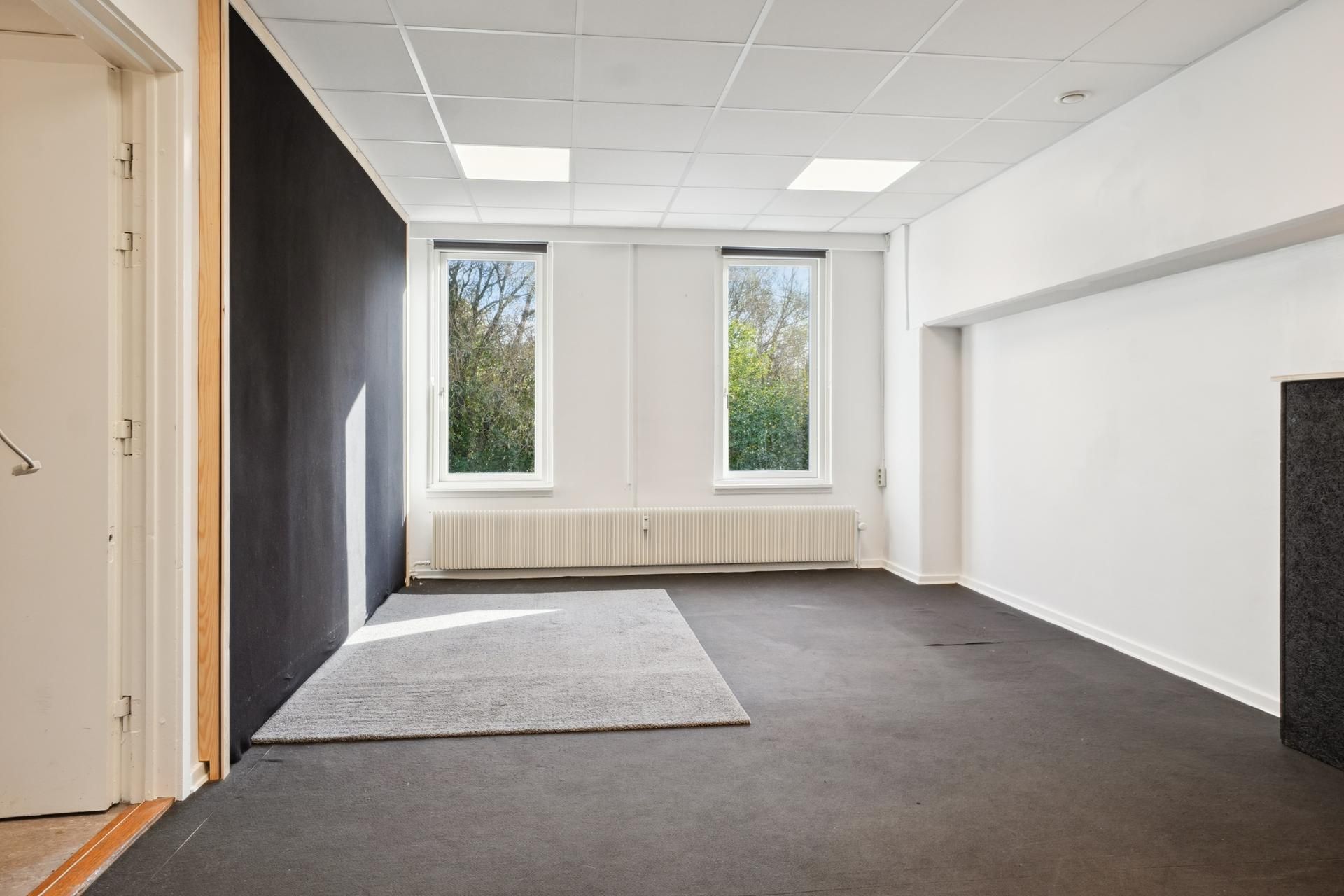 En tom og vellyst øvelokale med hvide vægge, to vinduer og en lysegrå gulvmåtte