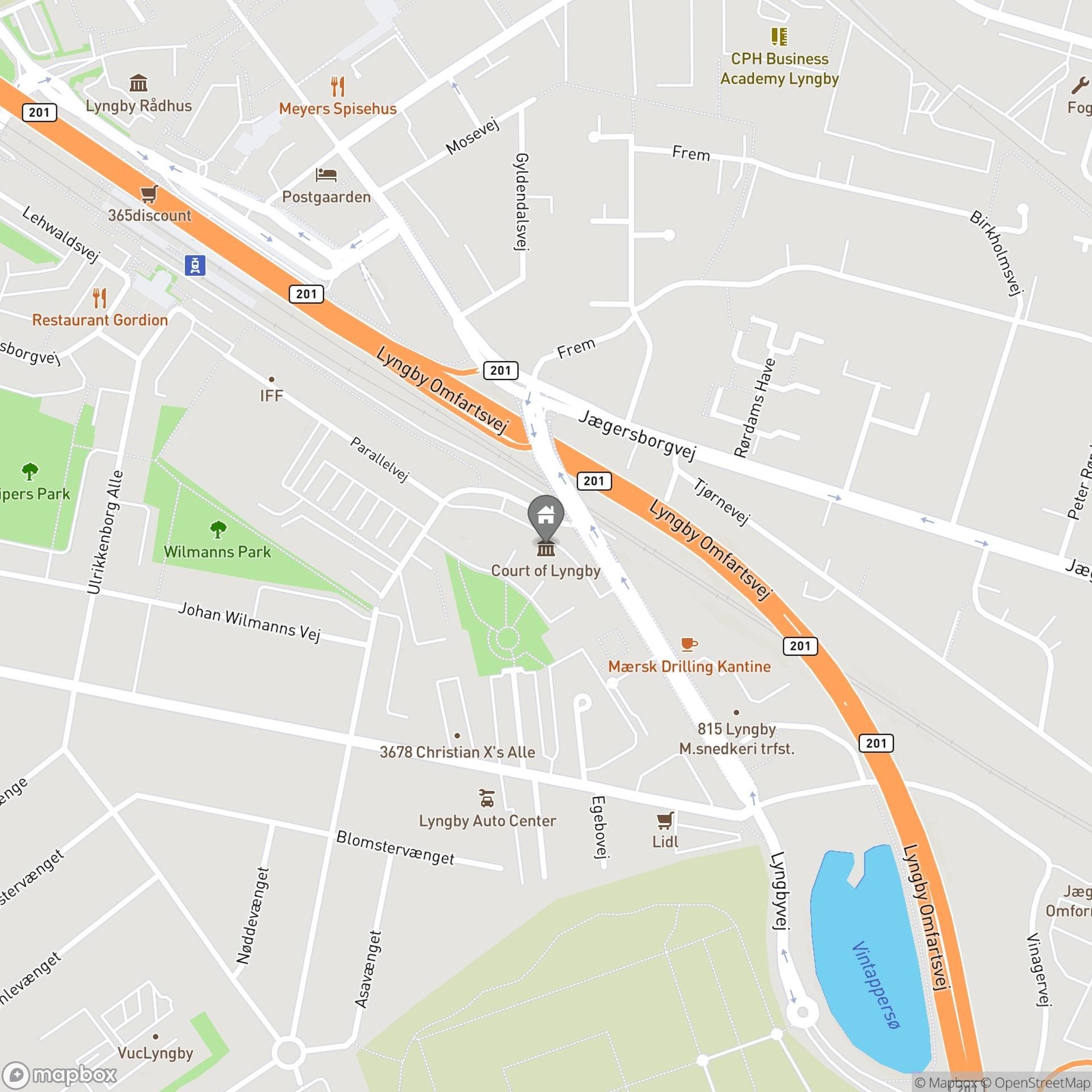 Kort med markering af et kontorlejemål i Kgs. Lyngby. Området omfatter et moderne og fleksible kontorlejemål på 523 m² med