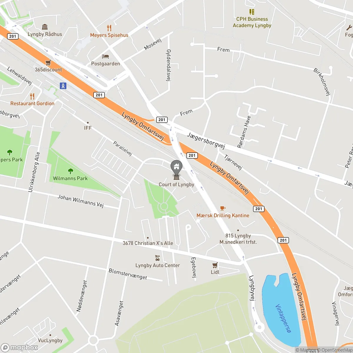 Kort med markering af et kontorlejemål i Kgs. Lyngby. Området omfatter et moderne og fleksible kontorlejemål på 523 m² med