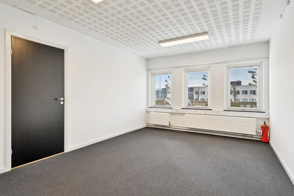 Tomt kontorrum med hvid væg og loft, gulv med grå tekstilbelægning, tre vinduer med gardiner og radiatorer samt en dør med