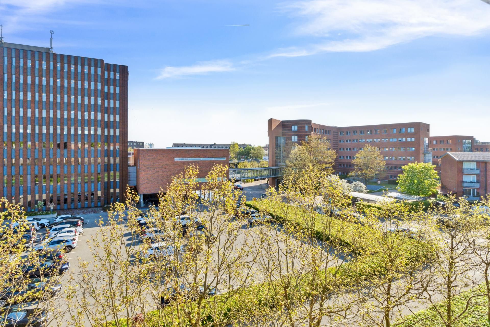Store bygninger med glasvinduer, et slankt træ, parkeringsplads med parkerede biler, grønne buske og en bro i baggrunden, og