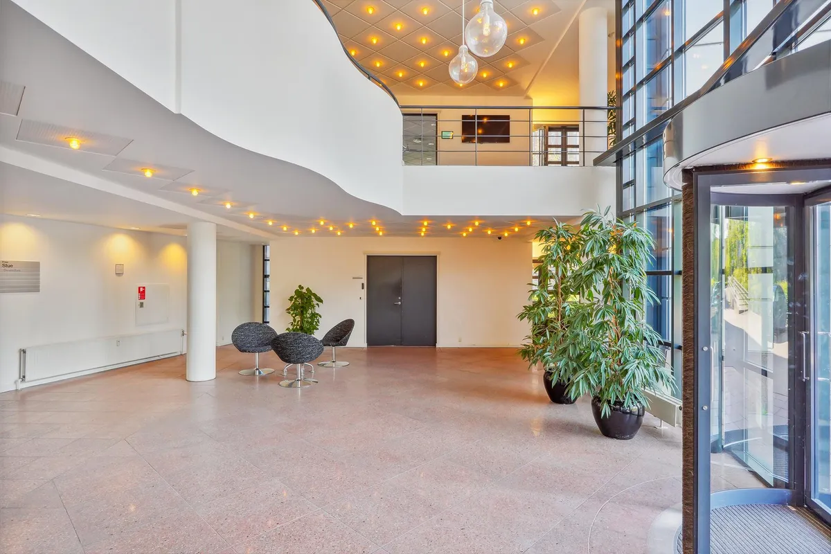 Fællesrum med lyse loftslamper, høj glasdør og stolpe, to store planter og fire stole, gulv med mønster og høj, hvid væg med