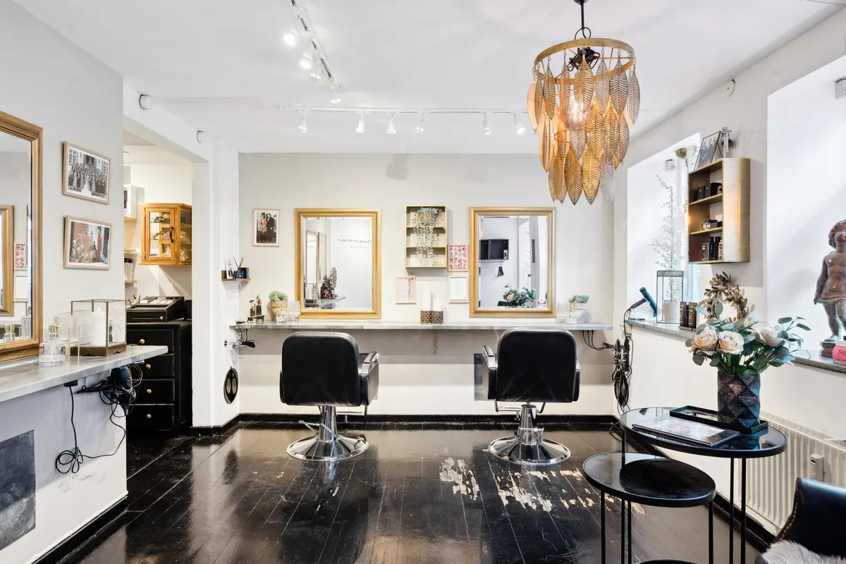 To barberstole i et moderne interiør med spejle og plante i potte og et gulv med gulvet med søm og en lampeskærm med blade.