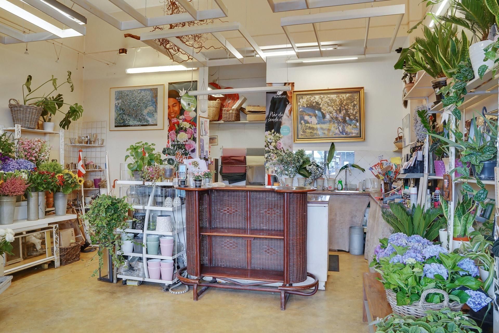 Blomsterbutik med udstilling af farverige blomster og planter samt diverse værktøj og udstyr