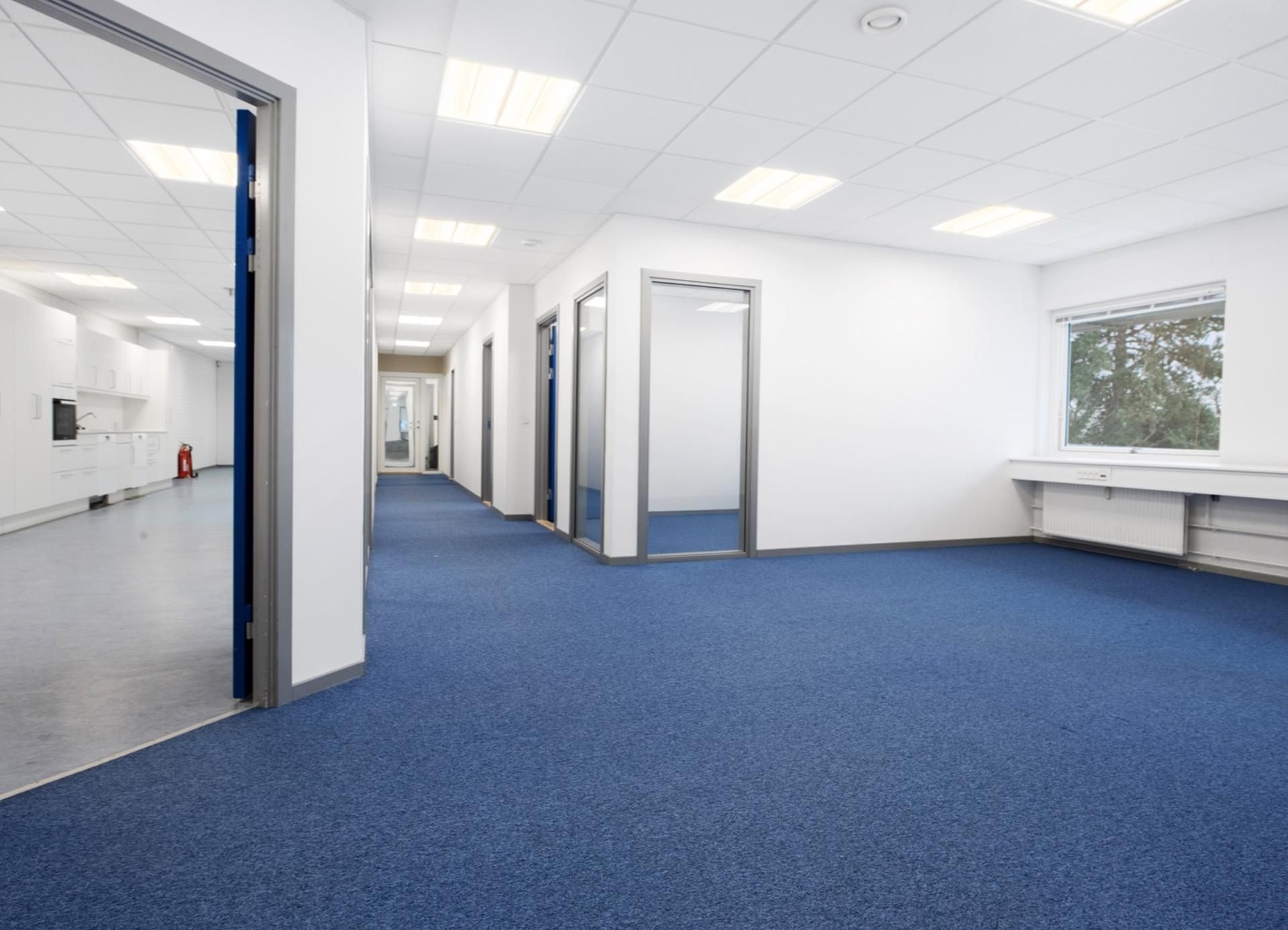 En lang kontorhaller med blå gulvbelægning og hvide vægge samt flere døre og vinduer