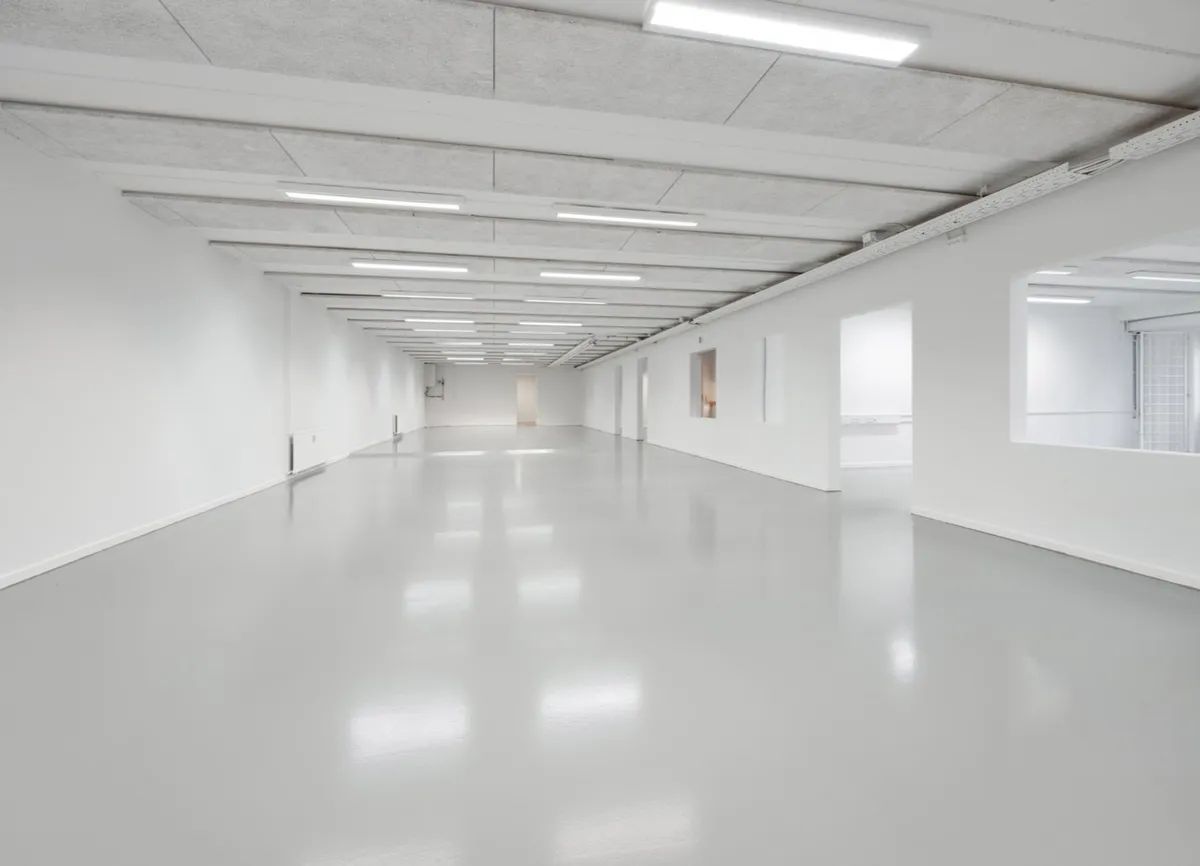 Langt, tomt og hvidt erhvervslejemål med højt til loftet og lyse, funktionelle lofter i Skovlunde