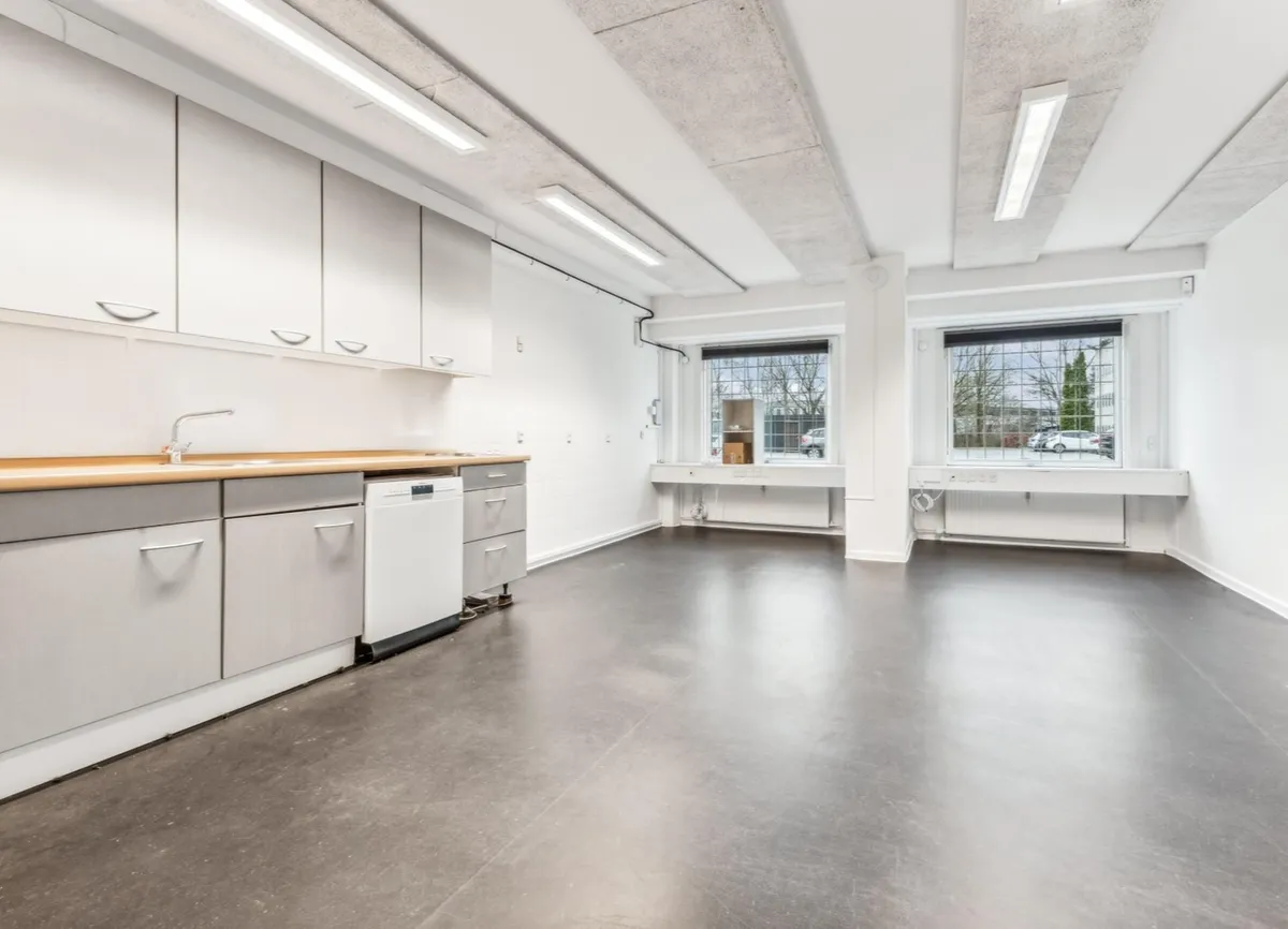 Et nyt renoveret køkken med moderne hvide lofter og gulv samt lyse vindue.